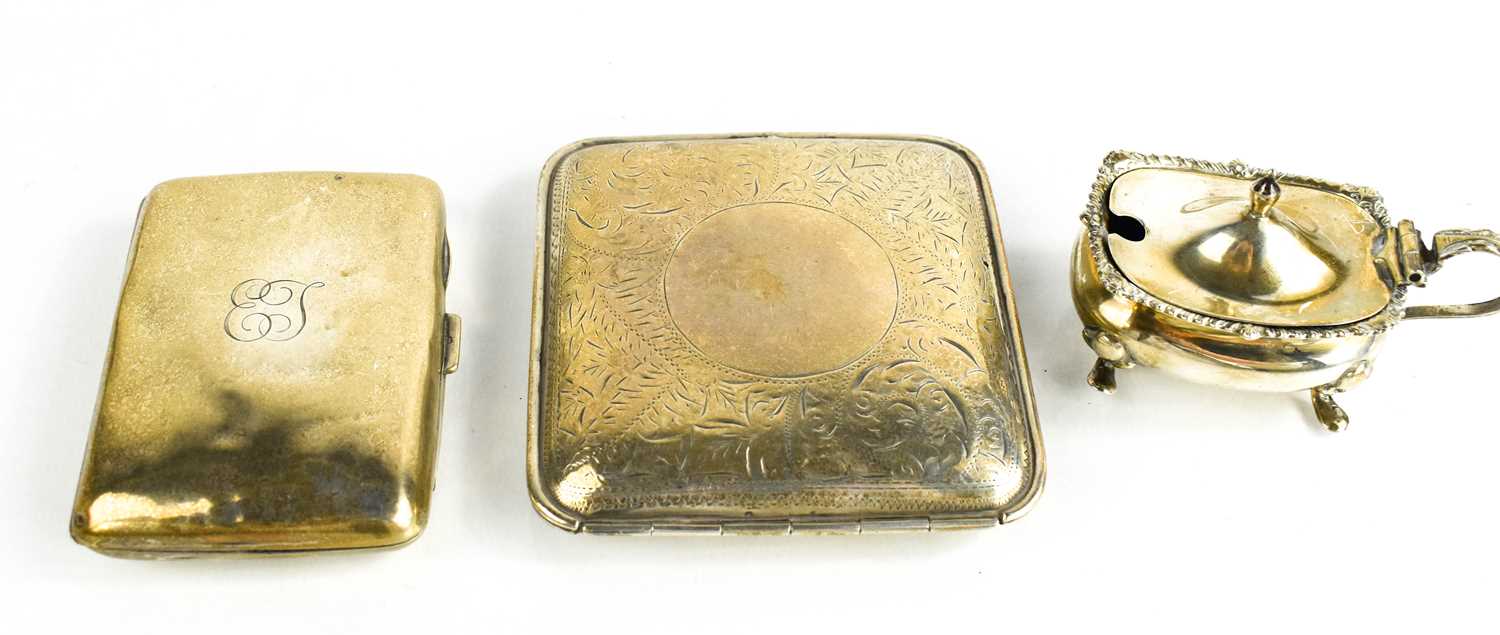 Two silver cigarette cases, together with a salt.