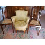 A pair of Edwardian cane seat bedroom chairs, a 1940s example and a Chinese style pink ground rug