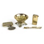 A silver vesta case, brooch, pencil holder and a silver plated footed salt.