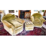 Two green upholstered armchairs and matching footstool Pana Forona