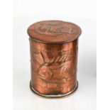 A Newlyn copper tea caddy with embossed fish decoration to the body and 'Tea' to the cover,