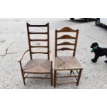 A 19th century elm ladder back armchair and a hall chair, both with rush seats
