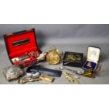 A group of collectibles to include jewelery box, pipe tampers, horse head handled magnifying