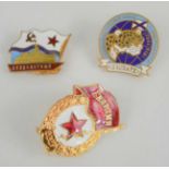 Three vintage Soviet badges to include 1918-1992 "Leopard" nuclear submarine badge, "Bezzavetny"