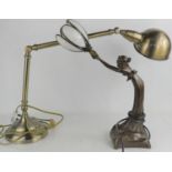 A steampunk anglepoise lamp together with an Art Deco table lamp of a woman holding flowers