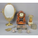 A brass French style mirror together with silver plated salts, case, table lamp and other items