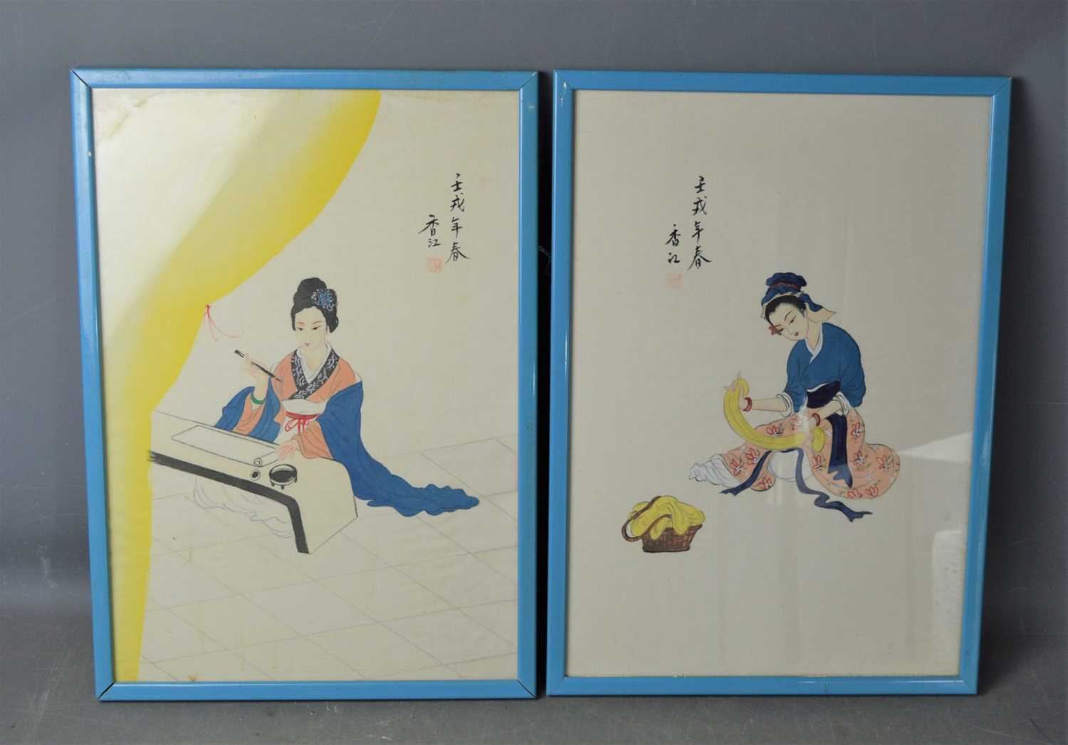 A pair of framed and glazed Japanese Geisha paintings (possibly woodblock print)
