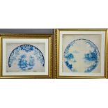 Two 19th century watercolours depicting blue and white plate studies / designs, unsigned, 26 by 26cm