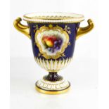 A Royal Worcester campana pedestal vase, painted by R Seabright with a deep blue ground, with twin