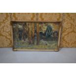 A large, colourful woolwork picture depicting two herons amongst mountains, water and trees, in