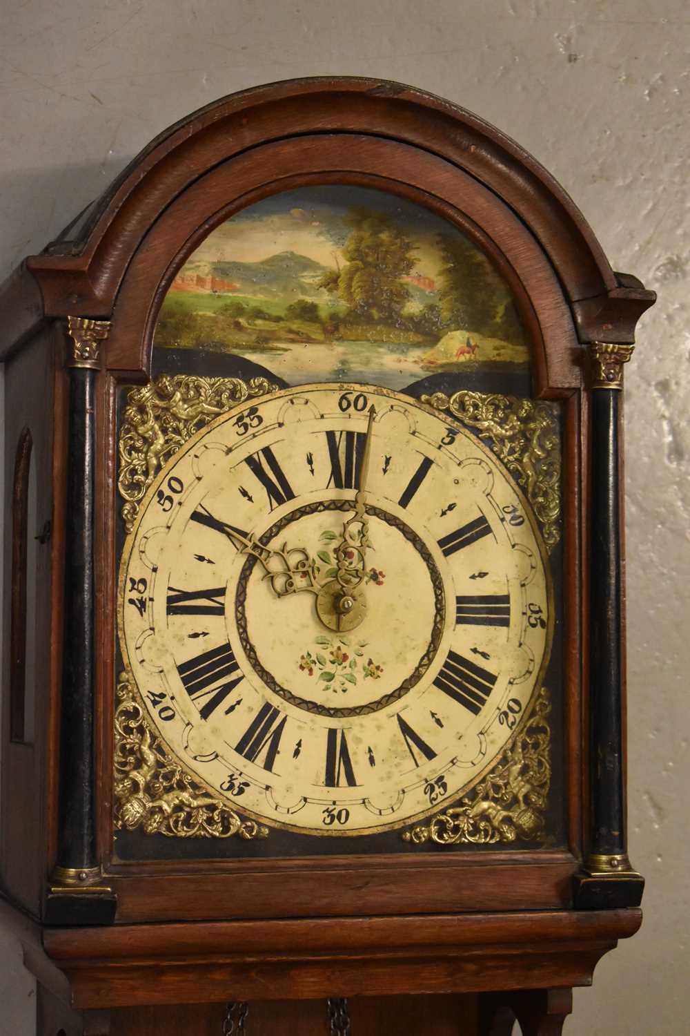 A Victorian oak country wall clock, with painted dial and arched landscape depicting horseman and - Image 2 of 2