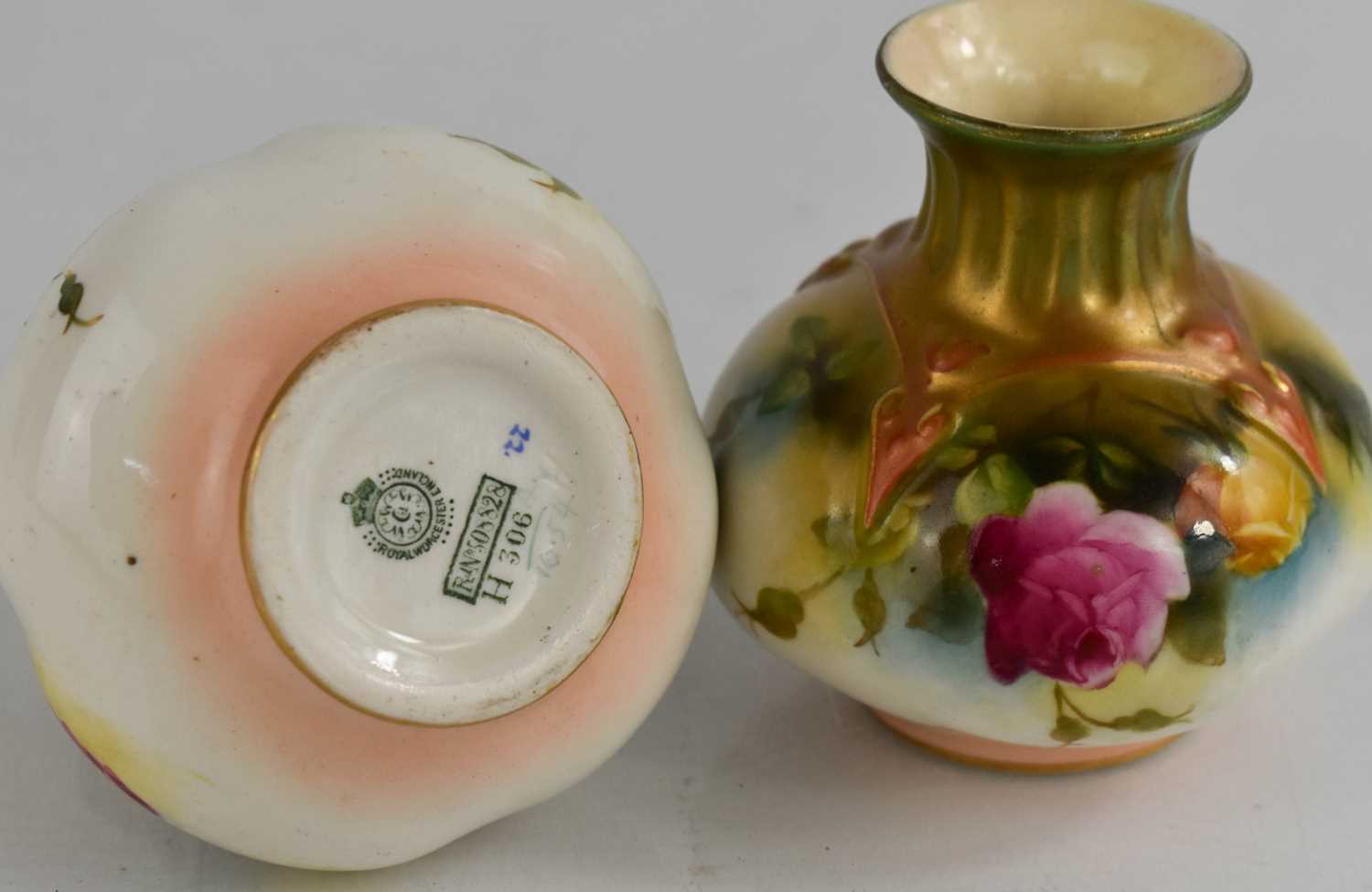 A pair of Royal Worcester vases painted with roses, circa 1900, 4ins high. - Image 2 of 2