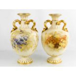 A pair of Royal Worcester porcelain vases, circa 1890, of ovoid form, the fluted necks with