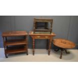 A group of furniture to include an 18th century oak seat, a Victorian writing desk, a mahogany three