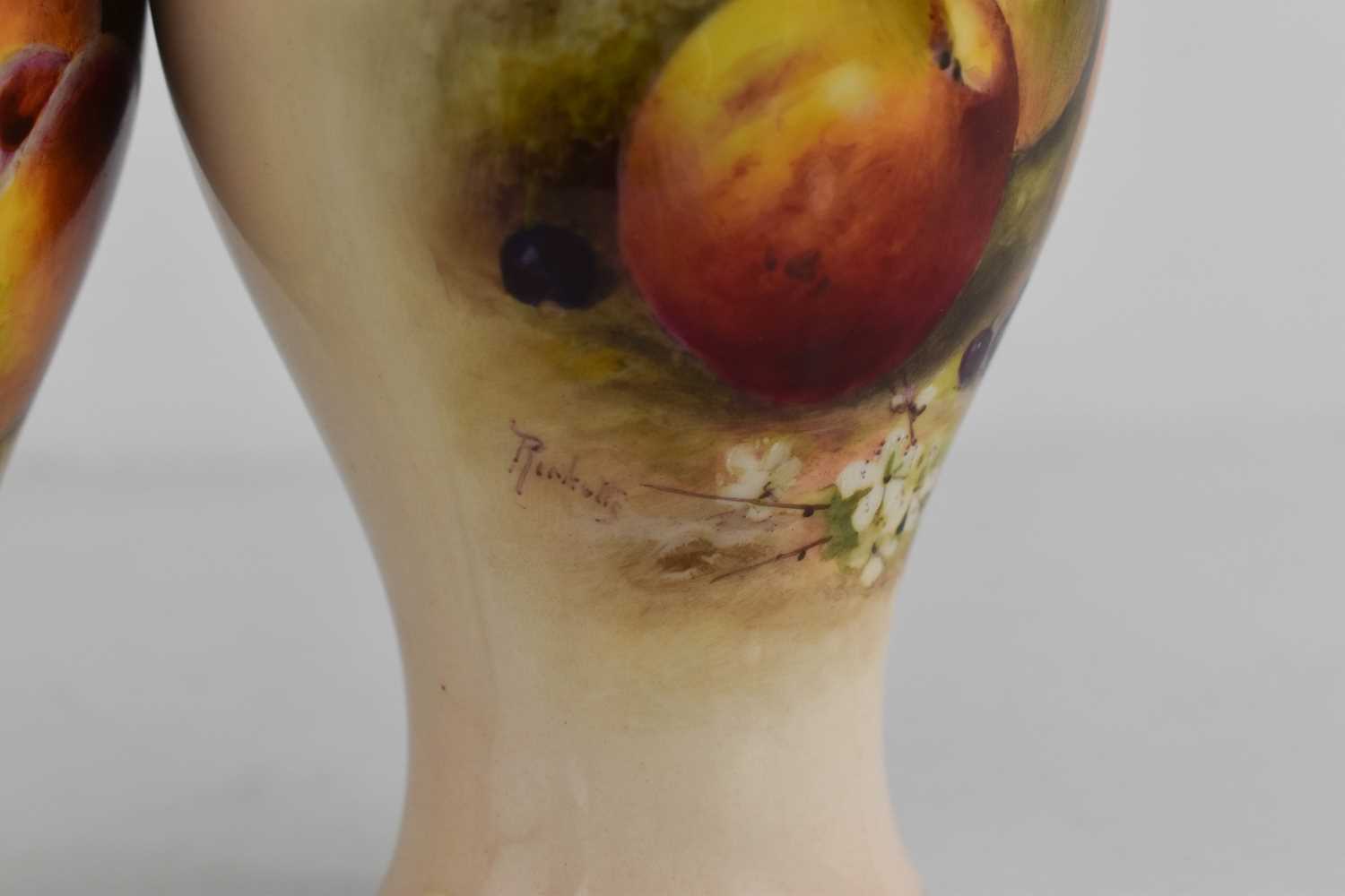 A pair of Royal Worcester vases by Rickets, painted with apples and peaches on a mossy ground, - Image 2 of 2