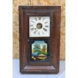 An American wall twenty four hour, chiming clock, circa 1900, with reverse painted glass landscape