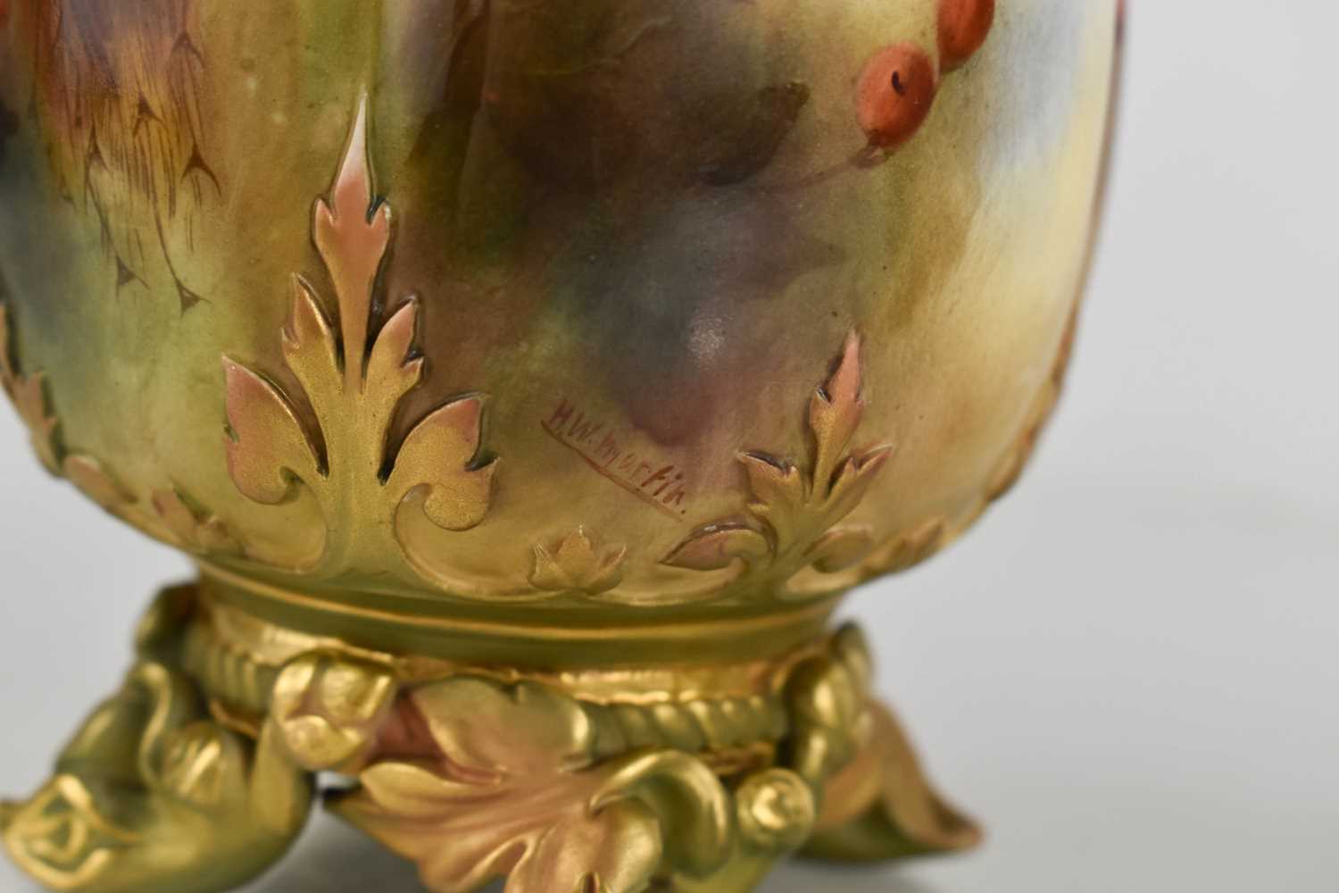 A Royal Worcester vase, by Henry Martin, with twin handles and cover, painted with peacock in - Image 2 of 2