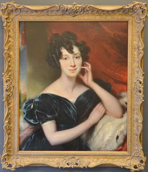 George Henry Harlow (1787-1819): portrait of lady wearing a blue velvet gown, oil on canvas, 74 by