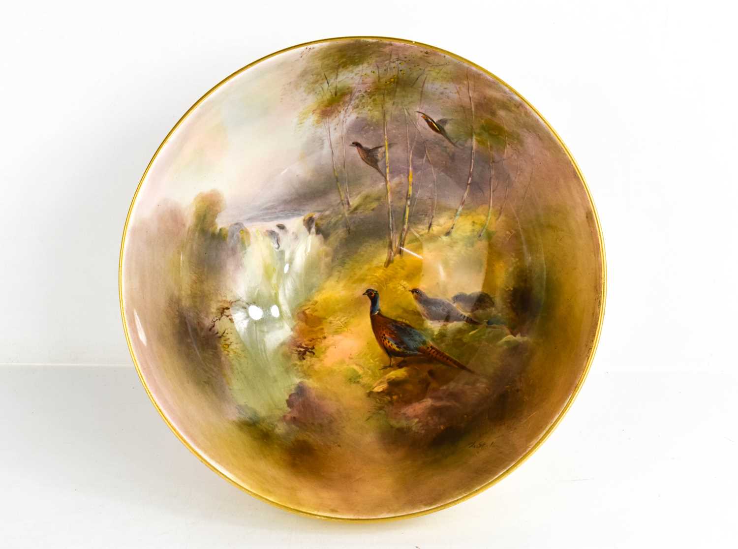 A Royal Worcester bowl, by JAS Stinton, painted with five pheasants, in a wooded landscape, date - Image 3 of 3