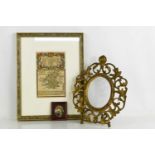 A French gilt metal table frame, a map of Pembrokeshire, and a hand painted oval porcelain plaque