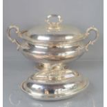 Two silver plated Elkington tureens, one with twin handles and the other entree dish with cover,