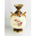 A Royal Crown Derby pedestal vase, painted with roses, with twin scroll handles circa 1908, 19cm