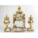 A 19th century French marble and gilt clock garniture, the dial decorated with floral sprays, the