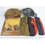 A pair of WWII Royal Artillery SNCO Side Caps together with a quantity of paperwork, cap badges,