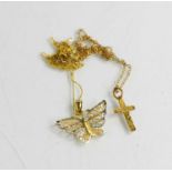 A group of 9ct gold, including necklaces with cross and butterfly pendants, earrings, and other