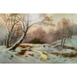 Malcolm Fraser (1868-1949): Sheep in winter landscape, oil on canvas, signed lower right75 by 50cm.
