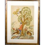 A French needlwork panel, depicting boy beneath a tree with deer, rabbit and bird above, 49 by 34cm.