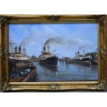 Adrian Thompson (20th century): Ships in the harbour, signed lower right, 75cms x 49cms