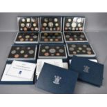 Eleven sets of United Kingdom by Royal Mint coins, dating from 1989 to 1999, all cased, some