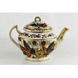 An early Chamberlain Worcester tea pot, with red/blue and scrollwork foliage with gilded highlights,