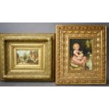 Two antique style pictures with gold painted frames, one depicting continental town scene, the other