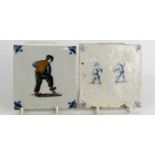 An early 19th century Delft blue and white tile, together with a 20th century example, both 13 by