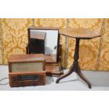 A Victorian toilet mirror, an oak occasional table and a vintage radio.