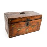 A George III mahogany tea caddy with painted garlands, fitted with two lidded compartments, and