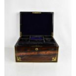 A 19th century Samson & Morden rosewood and brass bound jewellery box, opening to reveal a blue