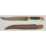 A rare French Army issue WWI trench knife, also known as a butcher's knife with leather scabbard,