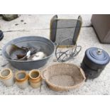 A galvanised bath, together with a fire screen, stoneware pots, and coal bucket etc.