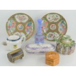 A group of ceramics to include two 19th century Chinese Canton plates, tulip vase, wooden box and