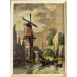 A mid century Dutch oil on board, depicting a windmill, unsigned, 59 by 43cm.