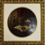 A 19th century style roundel oil on board depicting still life with violin, ewer and books, 43cm