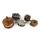 Three wooden antique fishing reels, together with two steel examples; one by Wesley & Co of