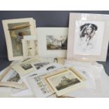 A large portfolio of watercolours, engravings, pen and ink and pencil drawings and prints