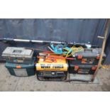 A Wolf petrol generator together with a quantity of tools to include angle grinder, tool boxes,