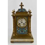 A Victorian gilt brass and polychrome cloisonne enamel mantle clock, the pale agate dial with gilt