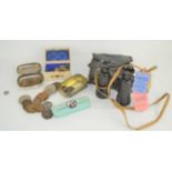A pair of vintage Prisma binoculars together with a John Bull repair outfit and a quantity of