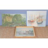 Three vintage oil paintings depicting harbour and river scenes